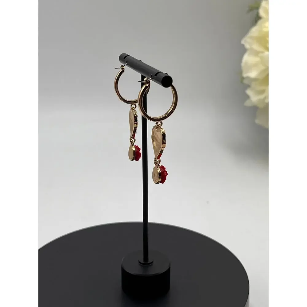 Juicy Couture Gold Hoop‎ Earrings Crystal Pave Heart Red Rose Charm